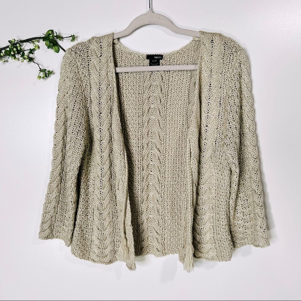 Kenzie Cream Oatmeal Open Cardigan Sweater Braided Tassels